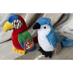 RARE 1998 RETIRED TY Beanie Baby "Rocket the Blue Jay" AND "Jabber The Parrot"